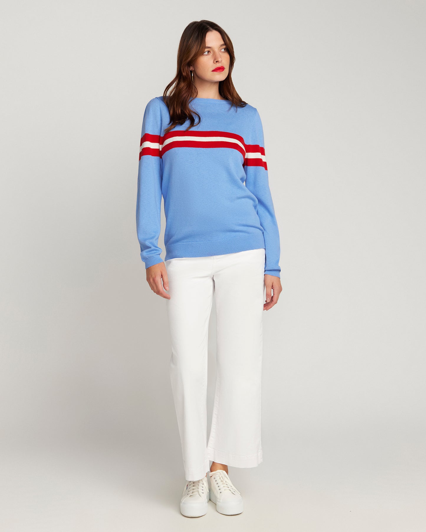 Cotton & Cashmere French Racer Crewneck Sweater - Powder Blue