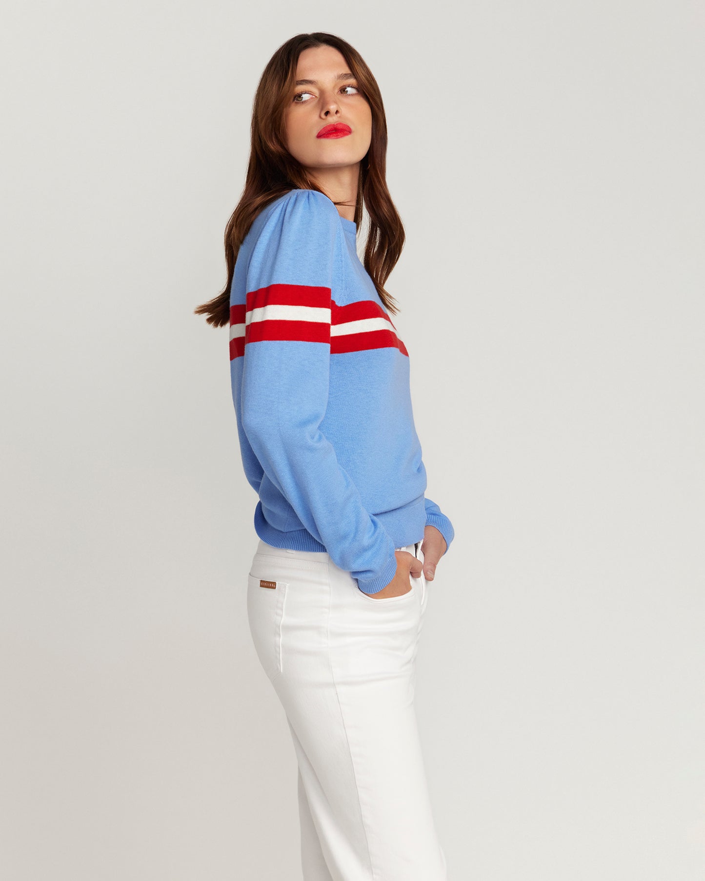 Cotton & Cashmere French Racer Crewneck Sweater - Powder Blue