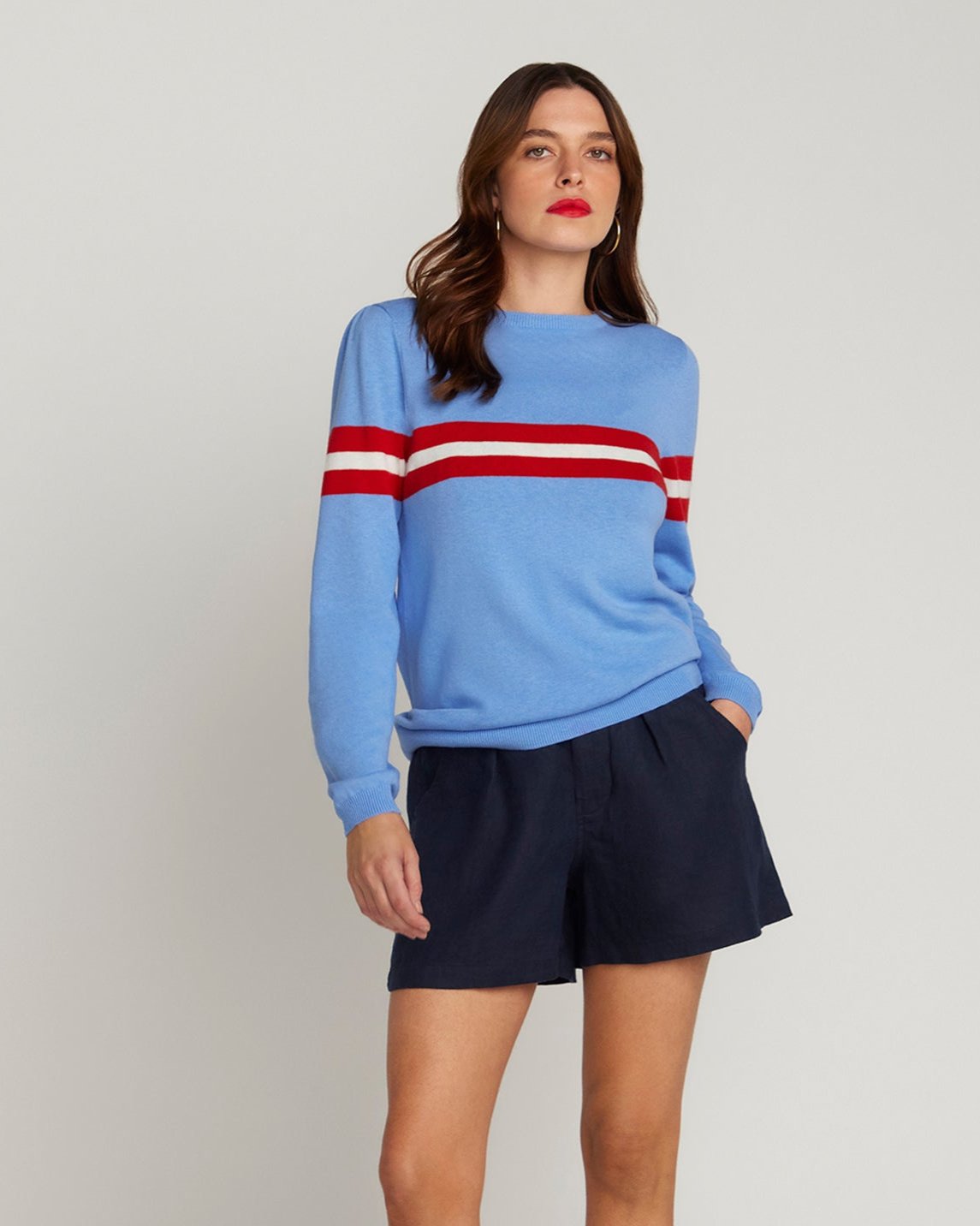 Cotton & Cashmere French Racer Crewneck Sweater - Powder Blue