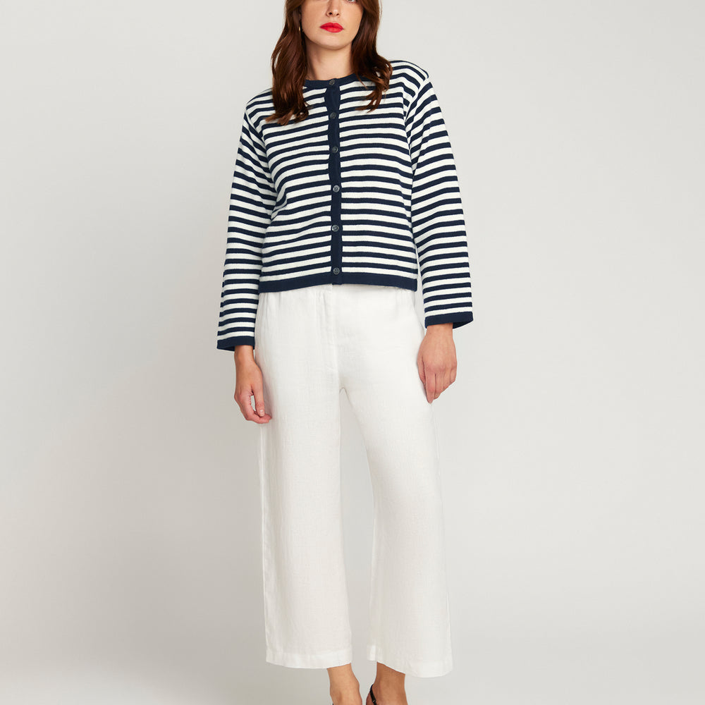 Stripe Cardigan In Cotton & Cashmere - Navy Blue & White Stripe