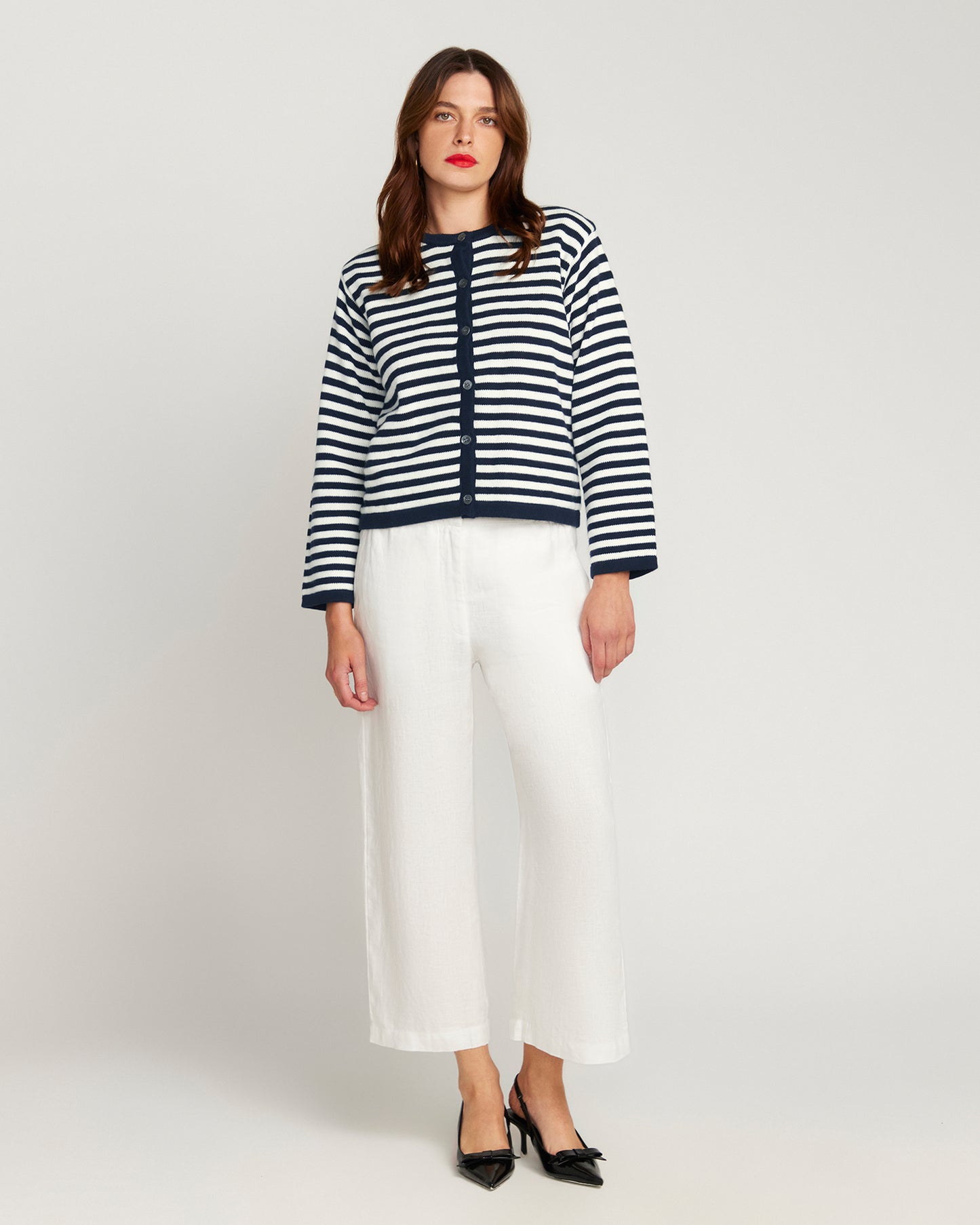 Stripe Cardigan In Cotton & Cashmere - Navy Blue & White Stripe