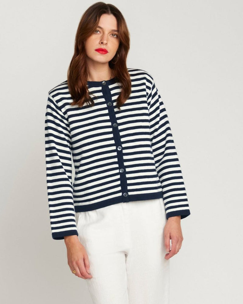 
                      
                        Stripe Cardigan In Cotton & Cashmere - Navy Blue & White Stripe
                      
                    