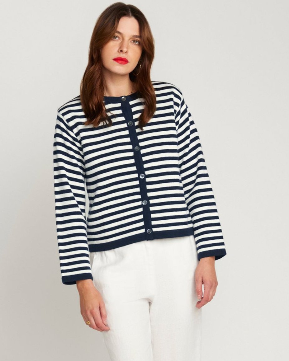 Stripe Cardigan In Cotton & Cashmere - Navy Blue & White Stripe