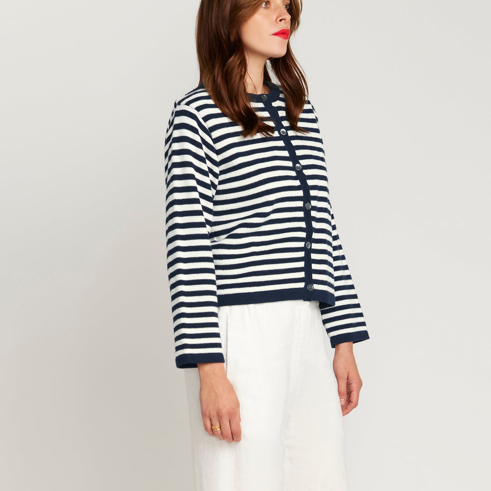 
                      
                        Stripe Cardigan In Cotton & Cashmere - Navy Blue & White Stripe
                      
                    