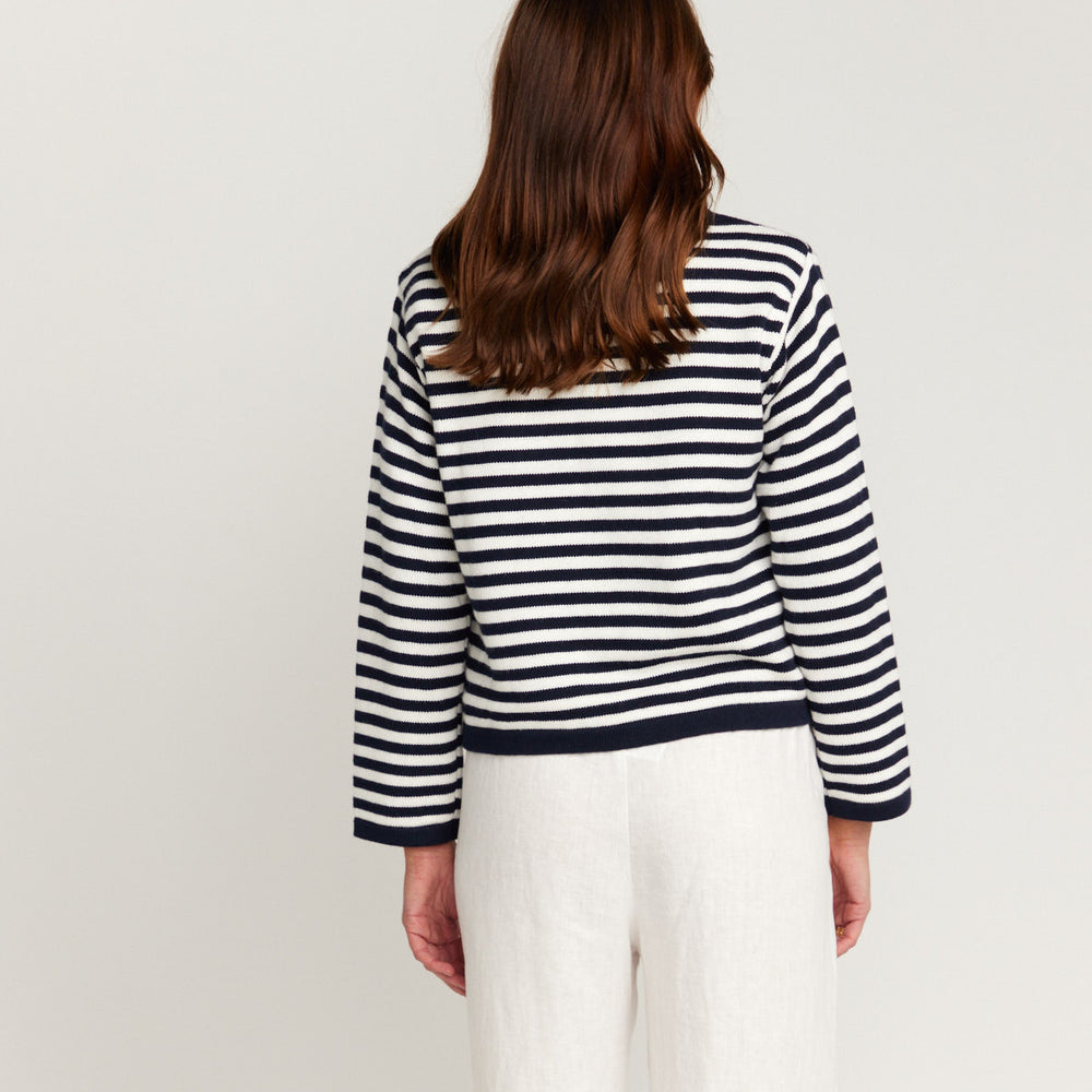 
                      
                        Stripe Cardigan In Cotton & Cashmere - Navy Blue & White Stripe
                      
                    