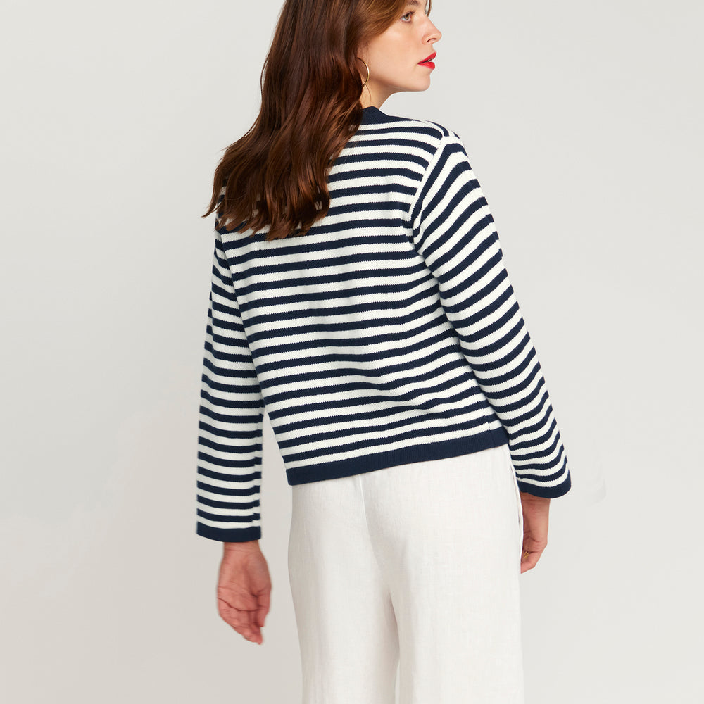 
                      
                        Stripe Cardigan In Cotton & Cashmere - Navy Blue & White Stripe
                      
                    