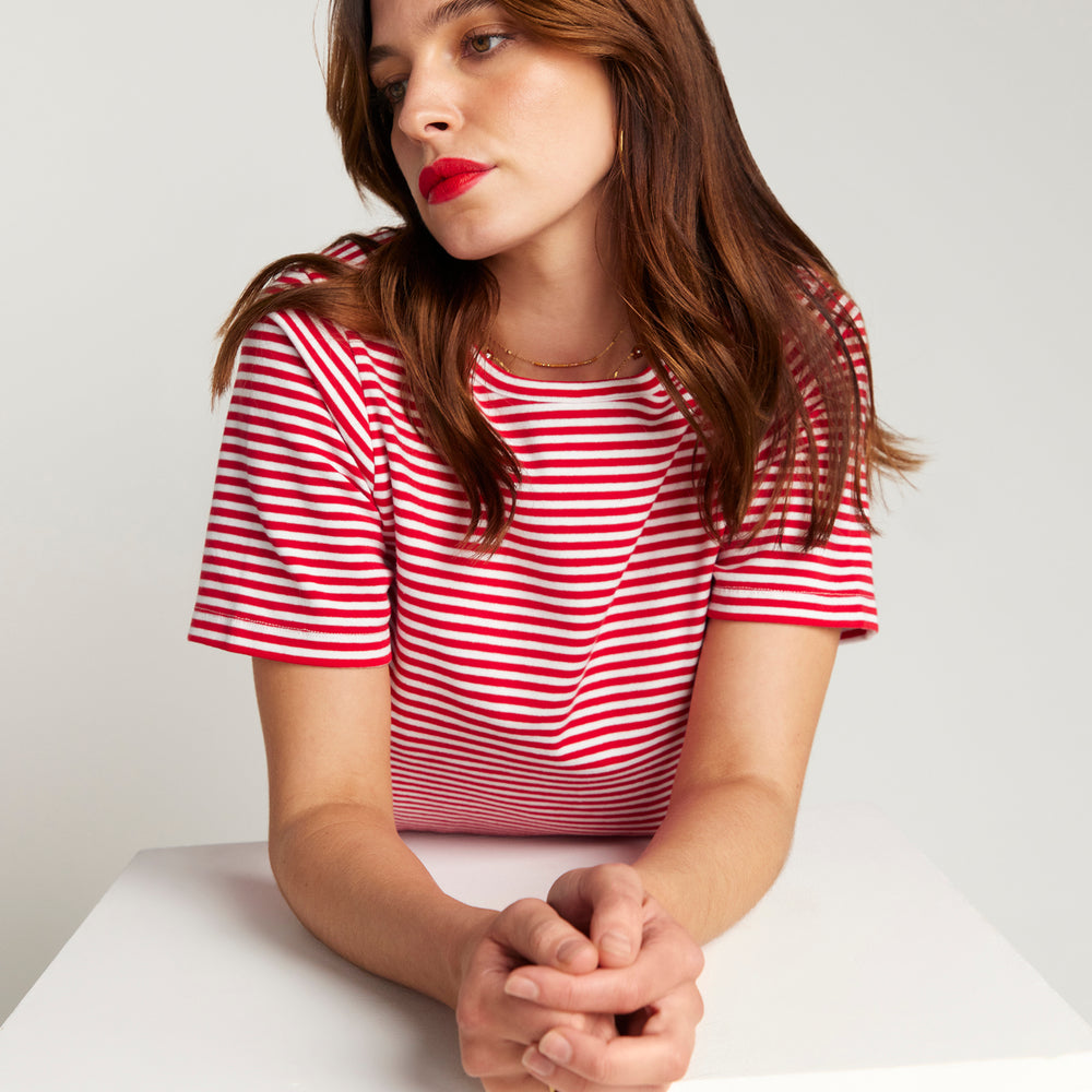 
                      
                        Red and white stripe T-shirt
                      
                    