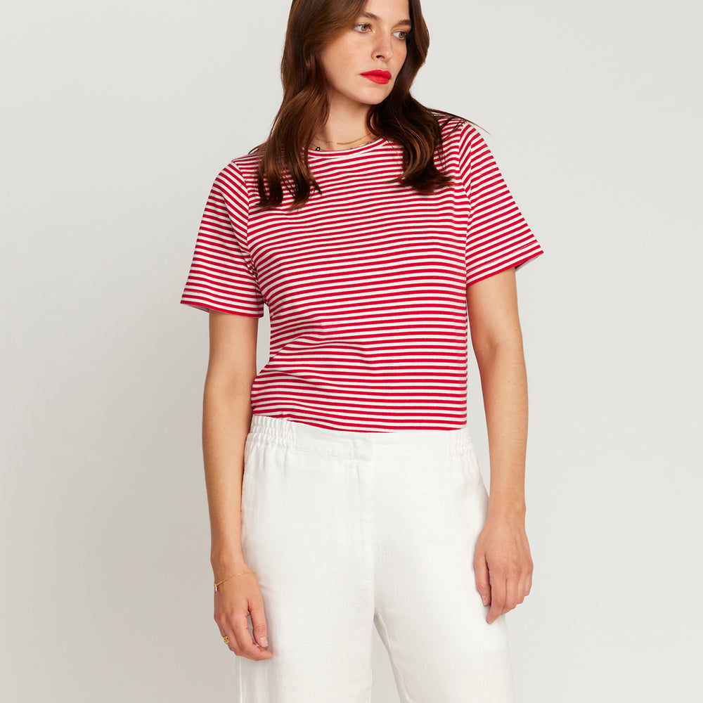 
                      
                        Red and white stripe T-shirt
                      
                    