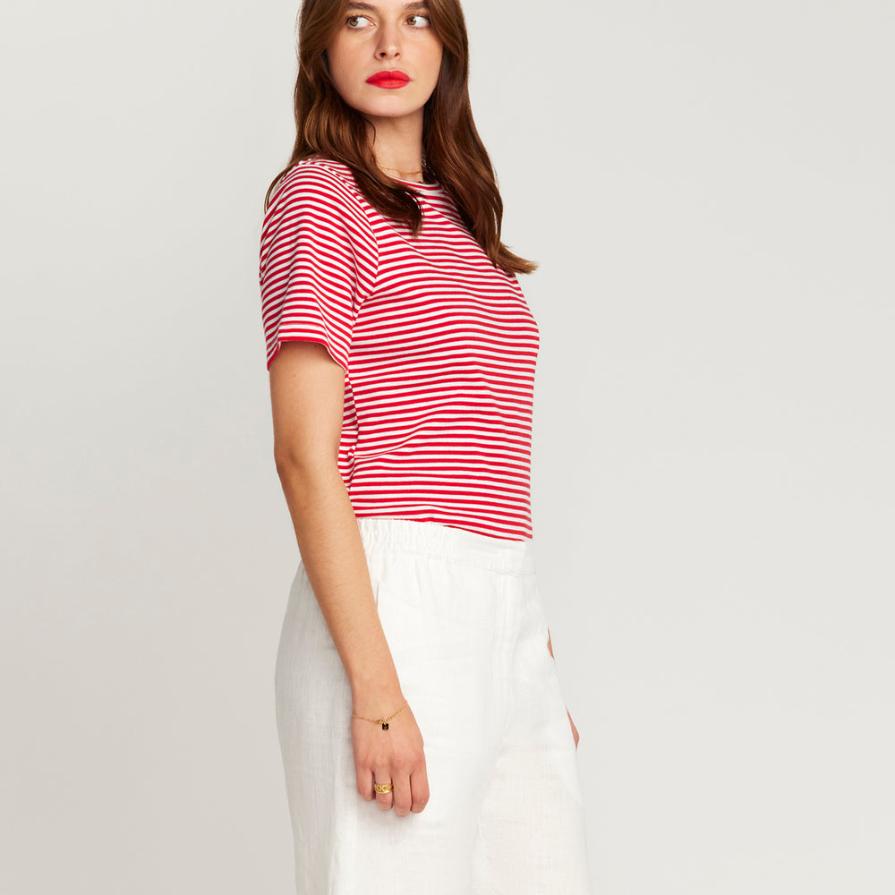 
                      
                        Red and white stripe T-shirt
                      
                    