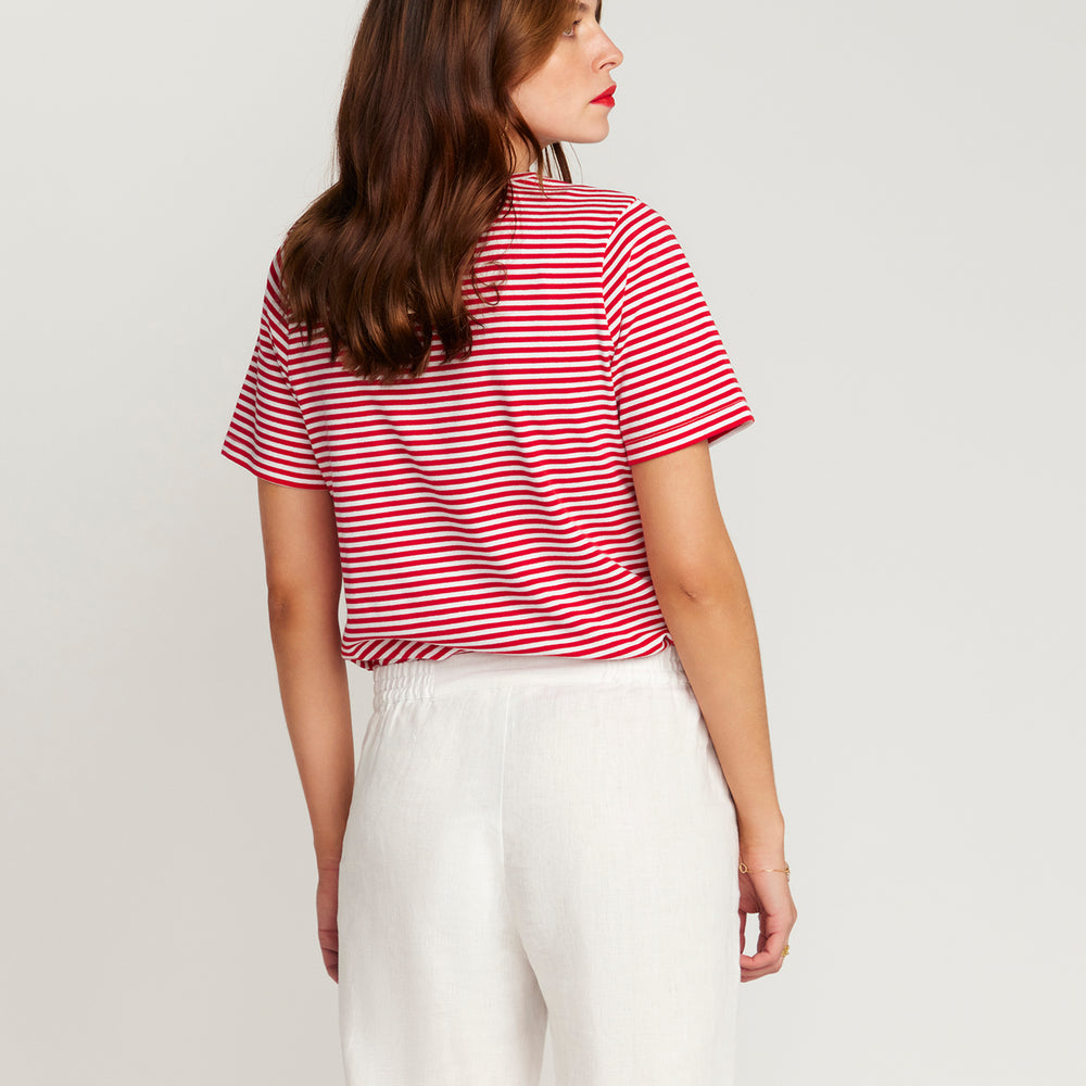 
                      
                        Red and white stripe T-shirt
                      
                    