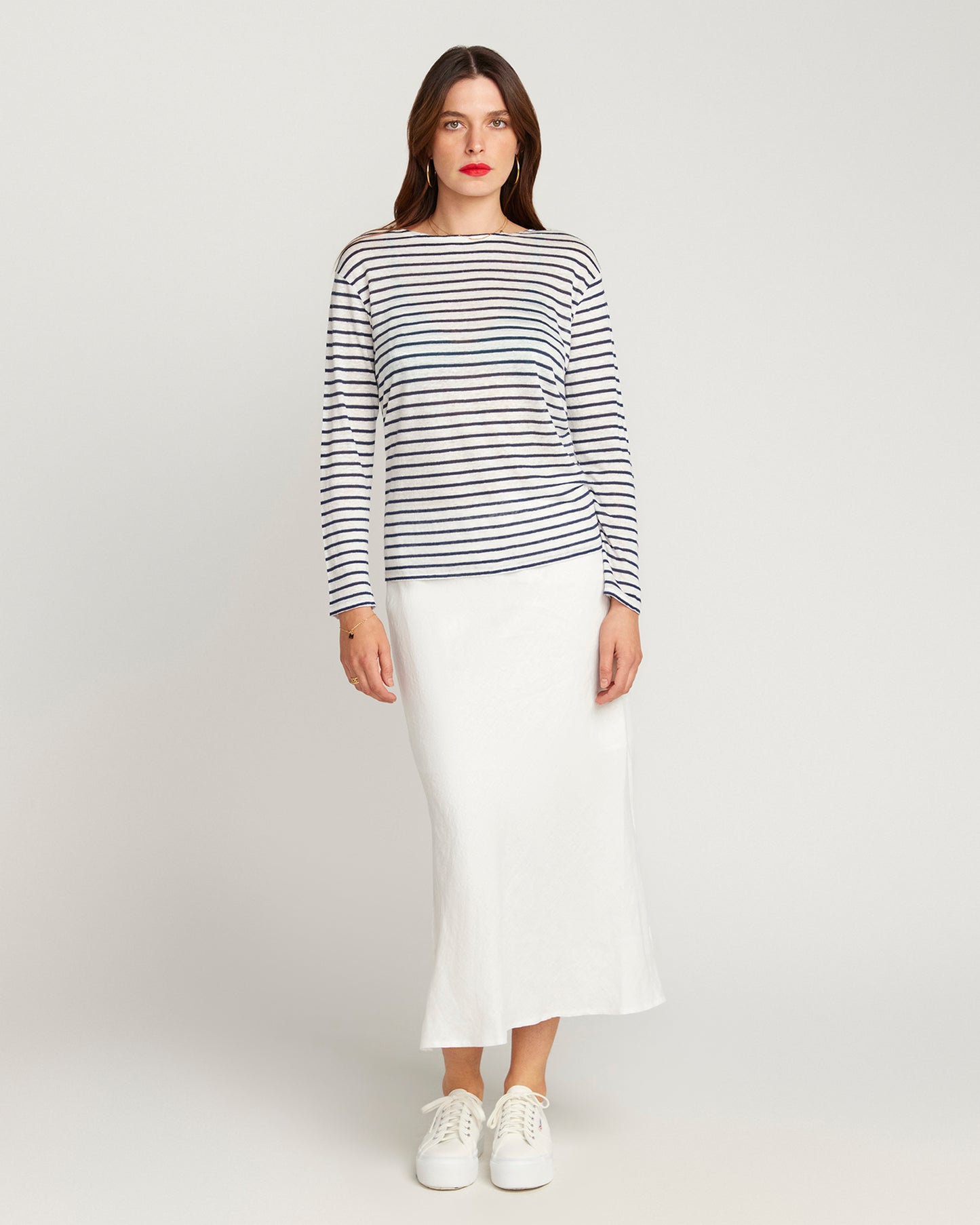 French LINEN Breton Boat Neck Top- White Base Navy Stripe