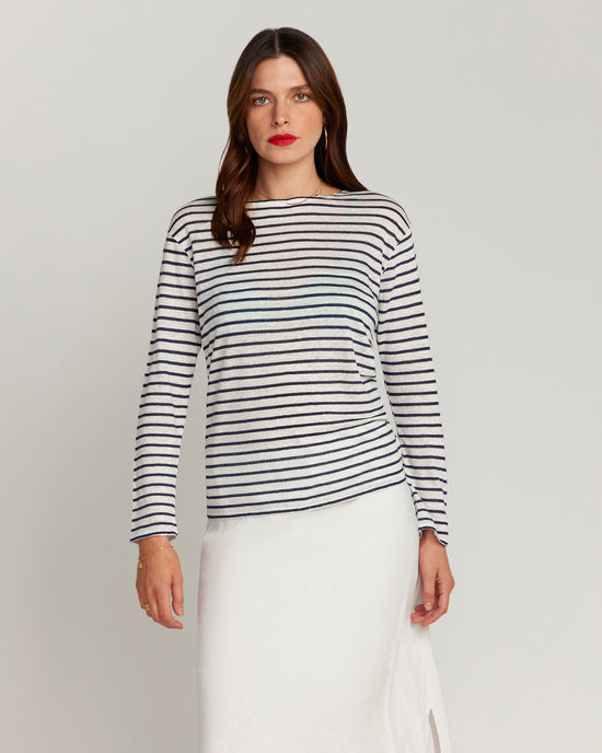 French LINEN Breton Boat Neck Top- White Base Navy Stripe