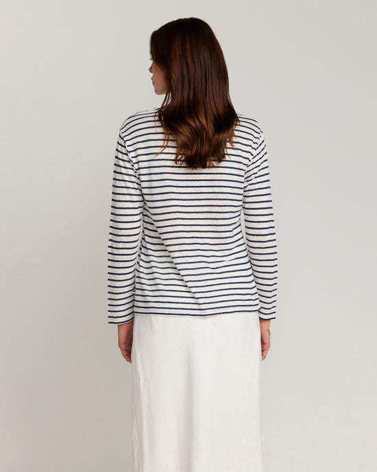 French LINEN Breton Boat Neck Top- White Base Navy Stripe