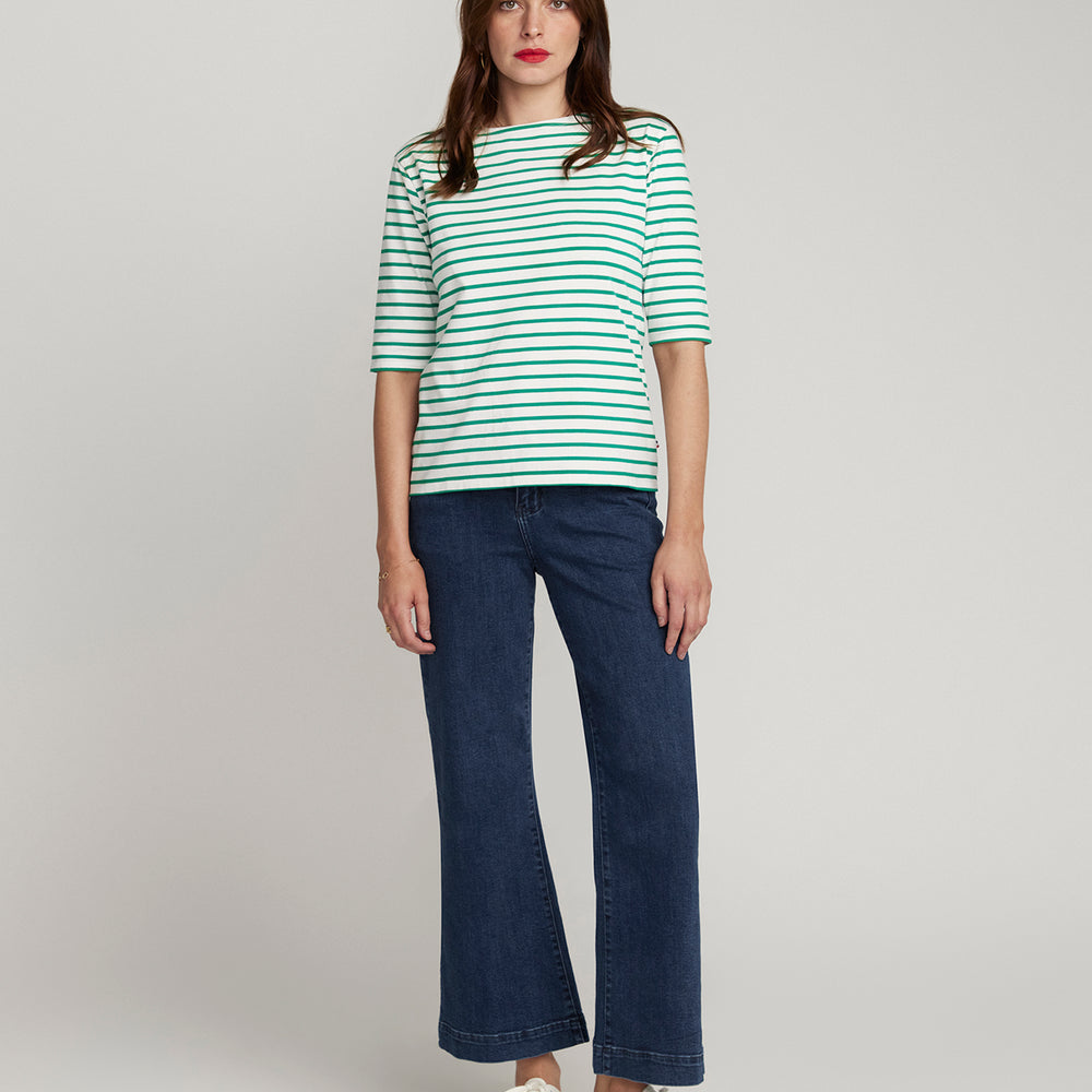 Green Breton Stripe French Tee White Base Green Stripe