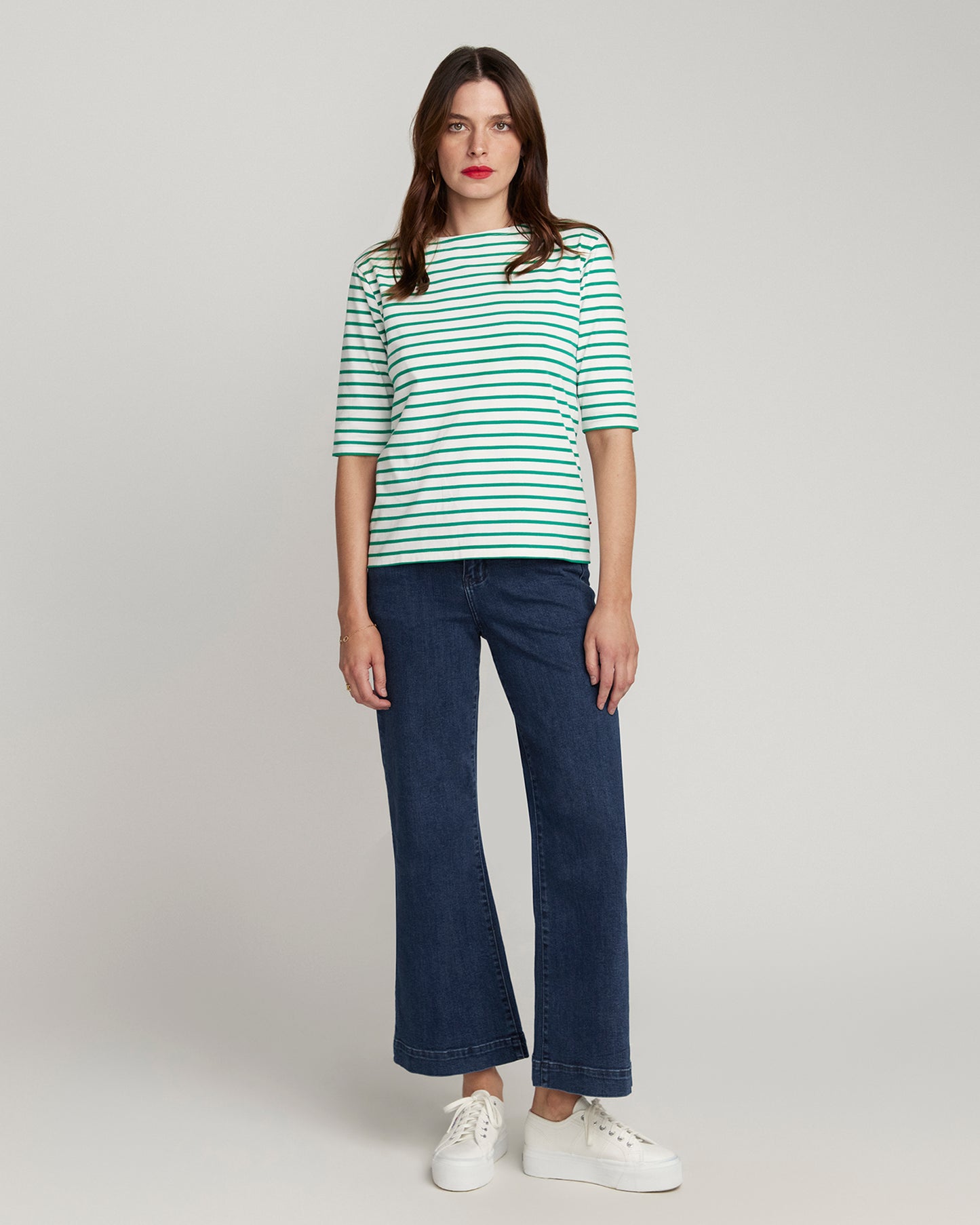 Green Breton Stripe French Tee White Base Green Stripe