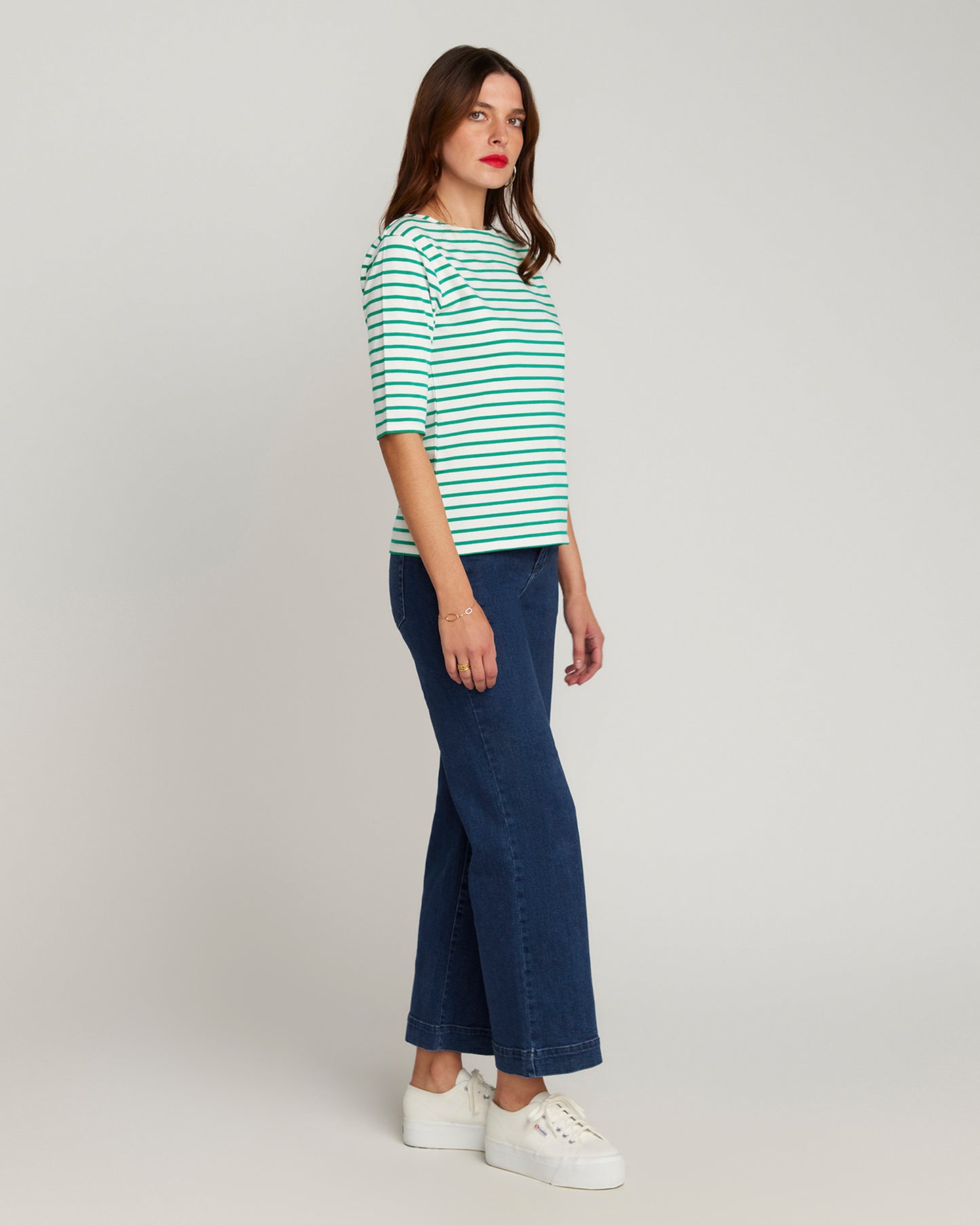 Green Breton Stripe French Tee White Base Green Stripe