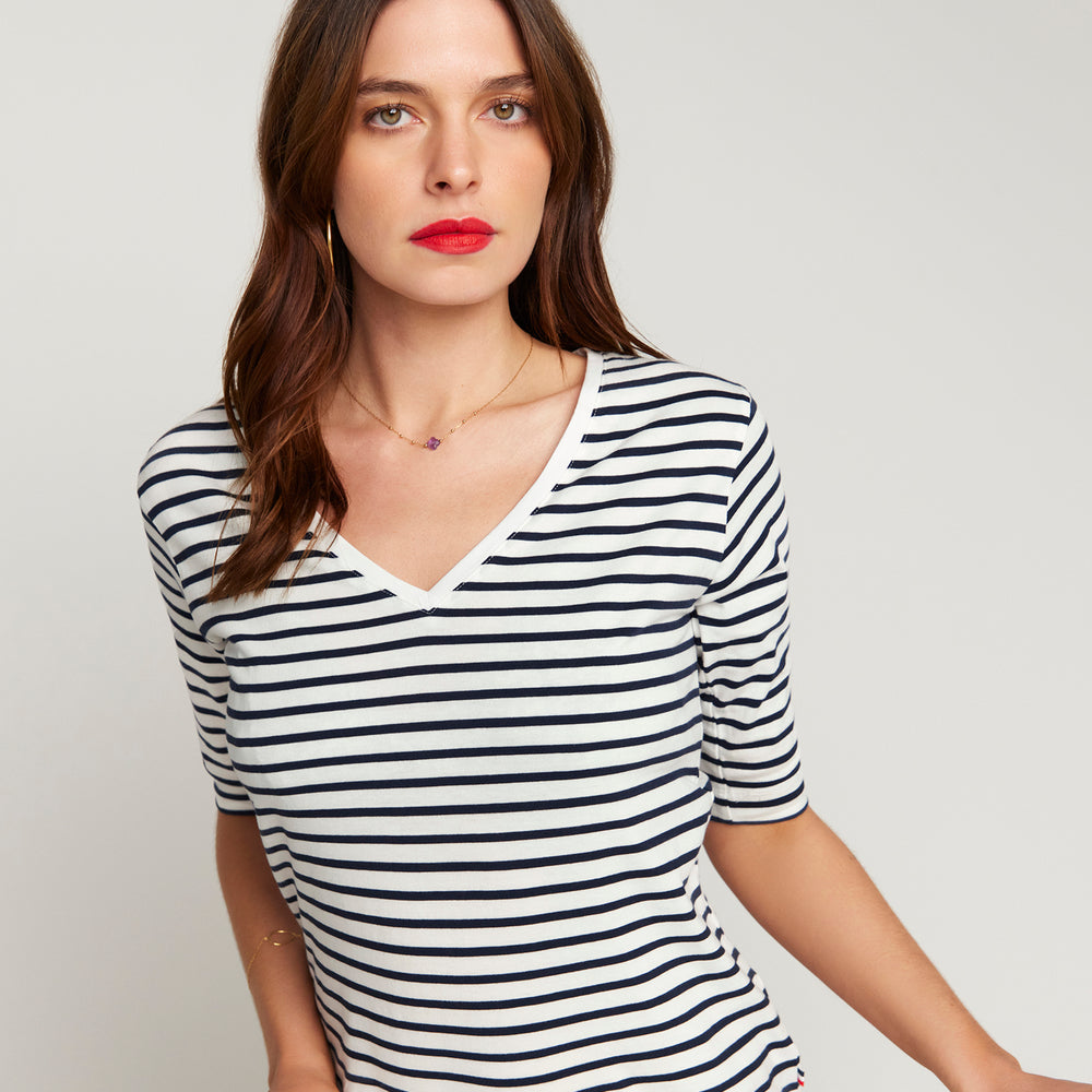 
                      
                        La Bouvier Navy Stripe French Tee - V-Neck
                      
                    