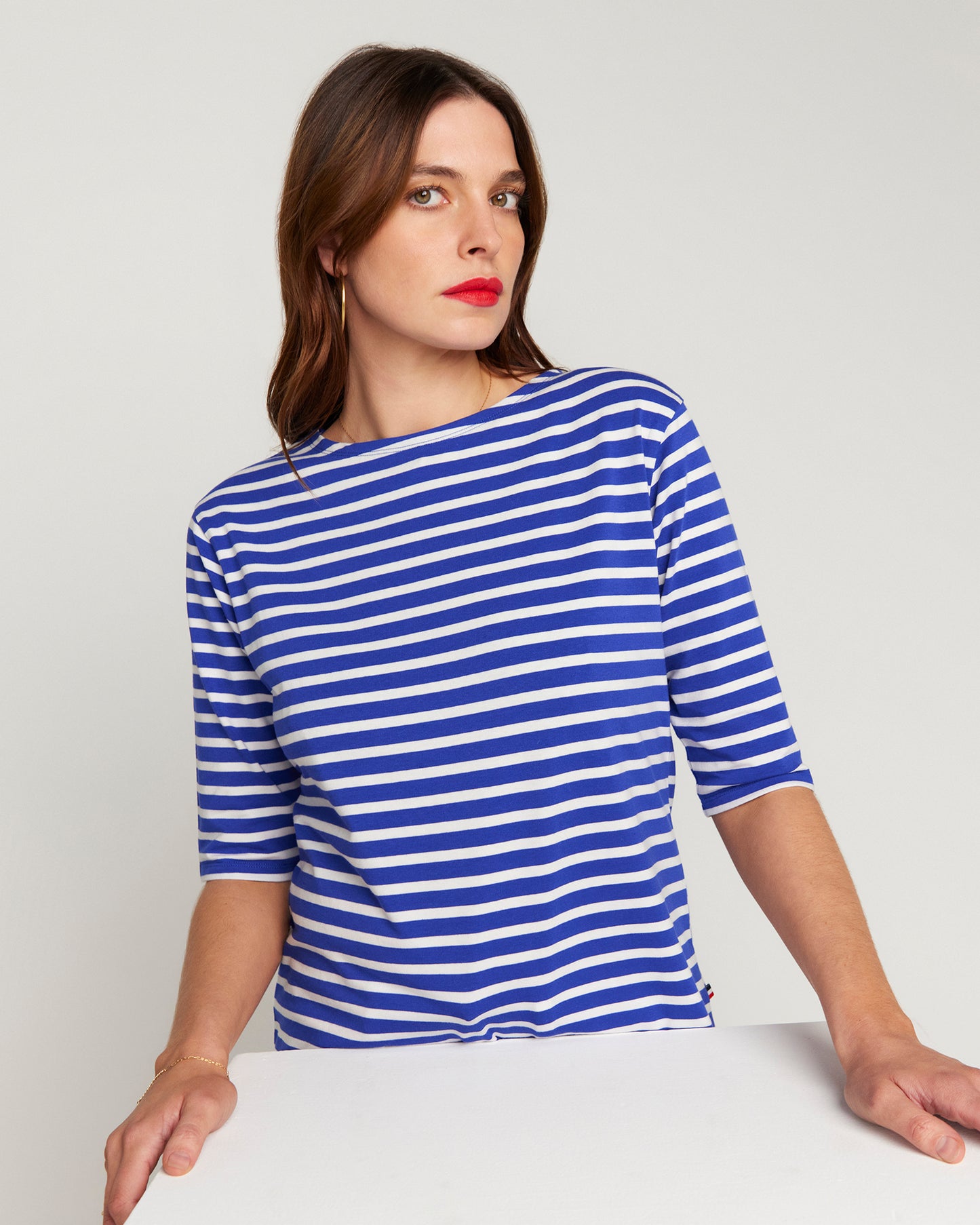 Le Royal Blue Base and White Stripe French Tee Boat Neck