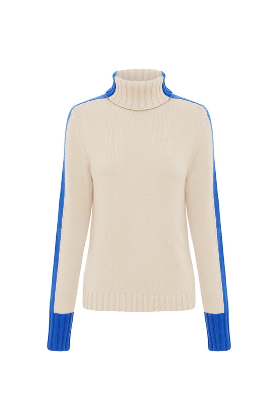 Lux Cashmere & Wool Isola Beige Polo Neck Royal Blue Stripe