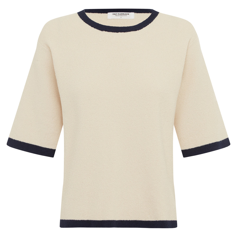 
                      
                        Bouclé Textured Top - Cream Base Navy Trim
                      
                    