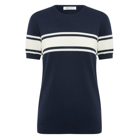 Cotton And Cashmere Crewneck Navy Top With Ivory Stripe
