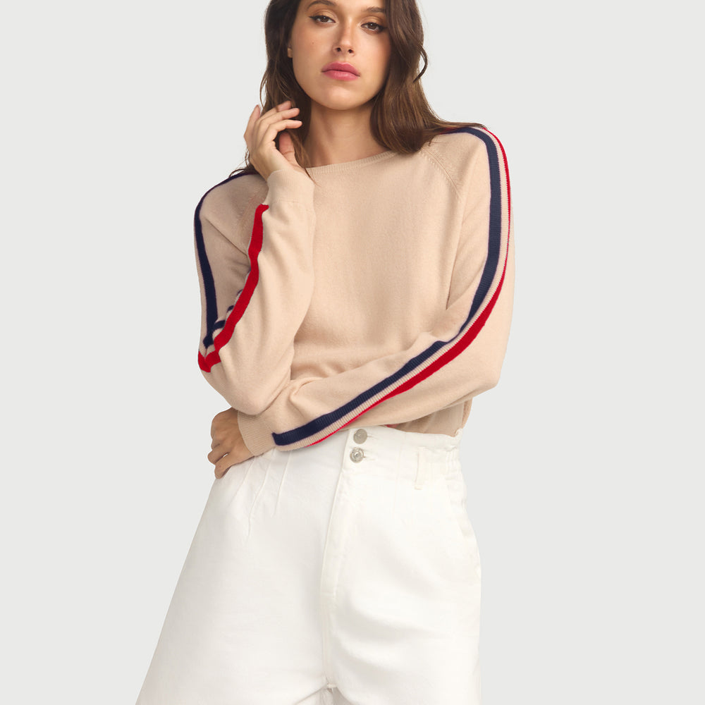 Cashmere & Wool French Racer Crewneck Sweater - BEIGE PREORDER END MARCH