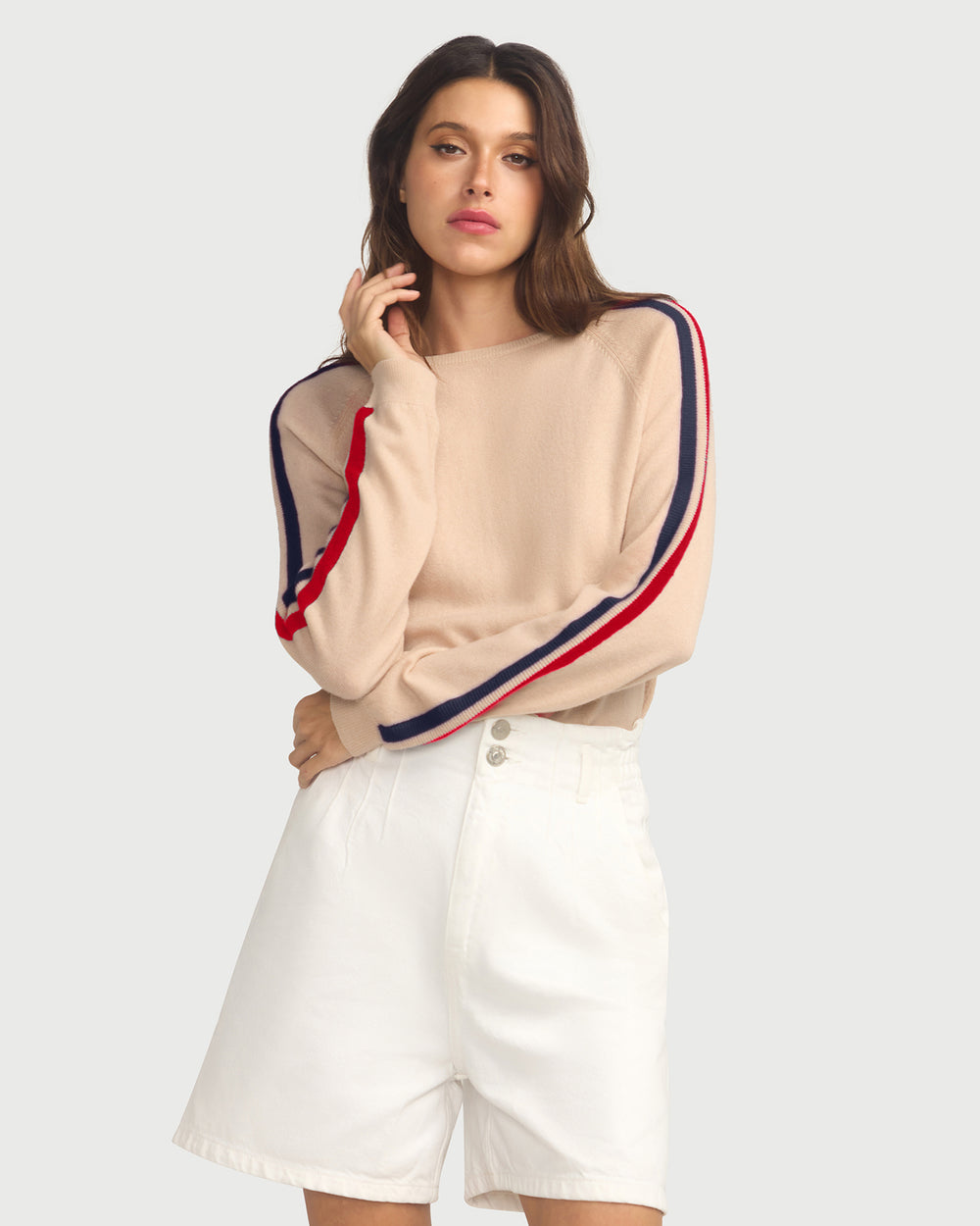 Cashmere & Wool French Racer Crewneck Sweater - BEIGE PREORDER END MARCH