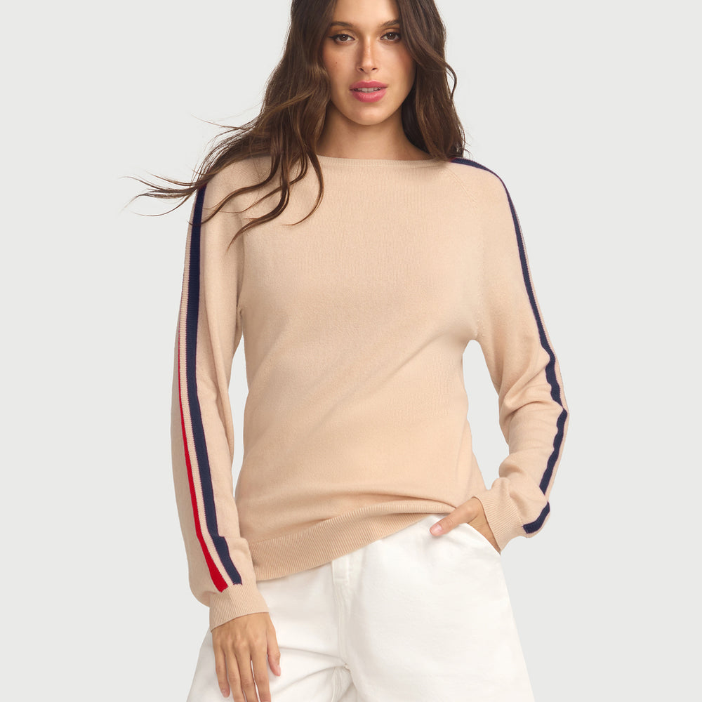Cashmere & Wool French Racer Crewneck Sweater - BEIGE