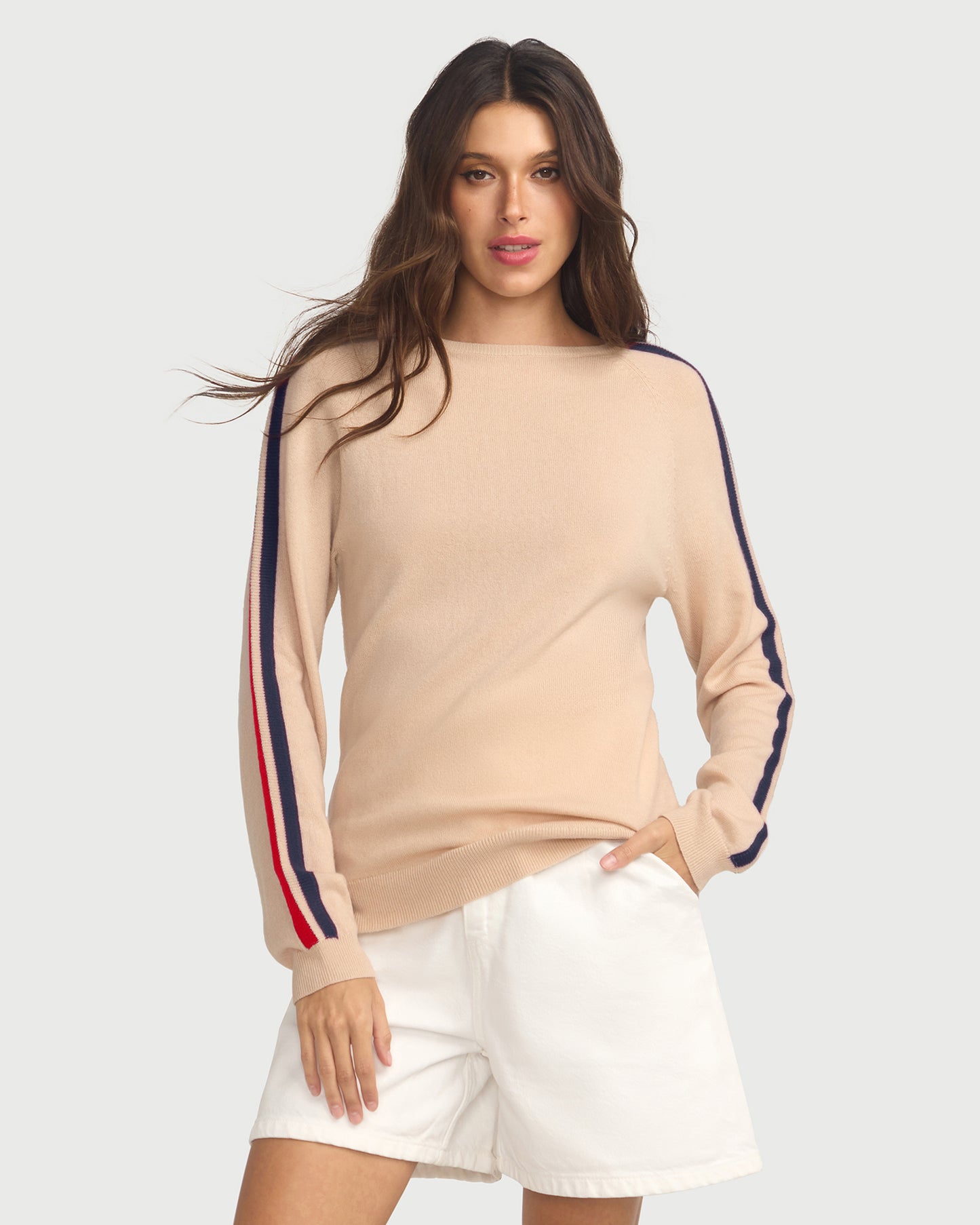 Cashmere & Wool French Racer Crewneck Sweater - BEIGE PREORDER END MARCH