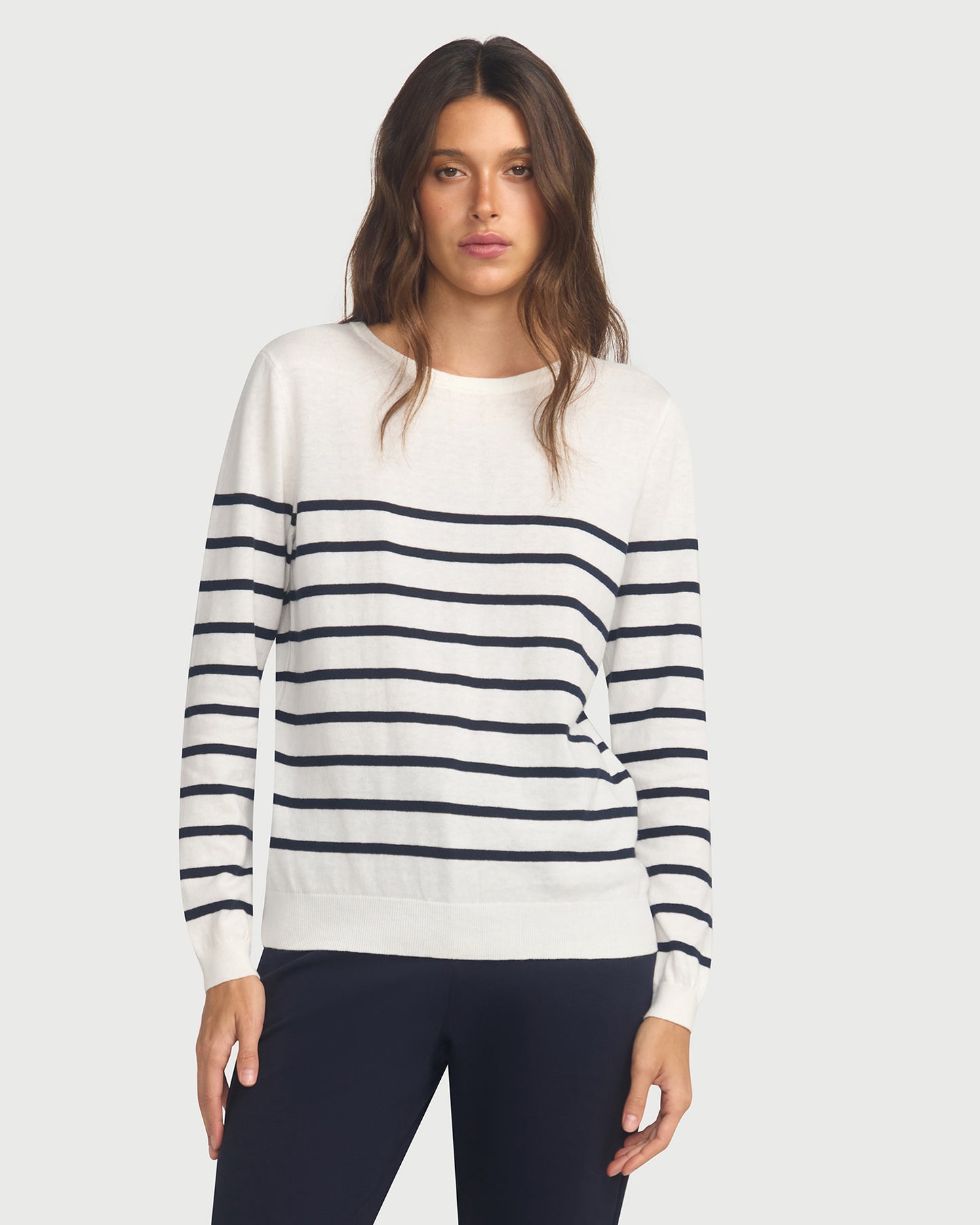 Cotton And Cashmere Breton Sweater Cream Base Navy Stripe