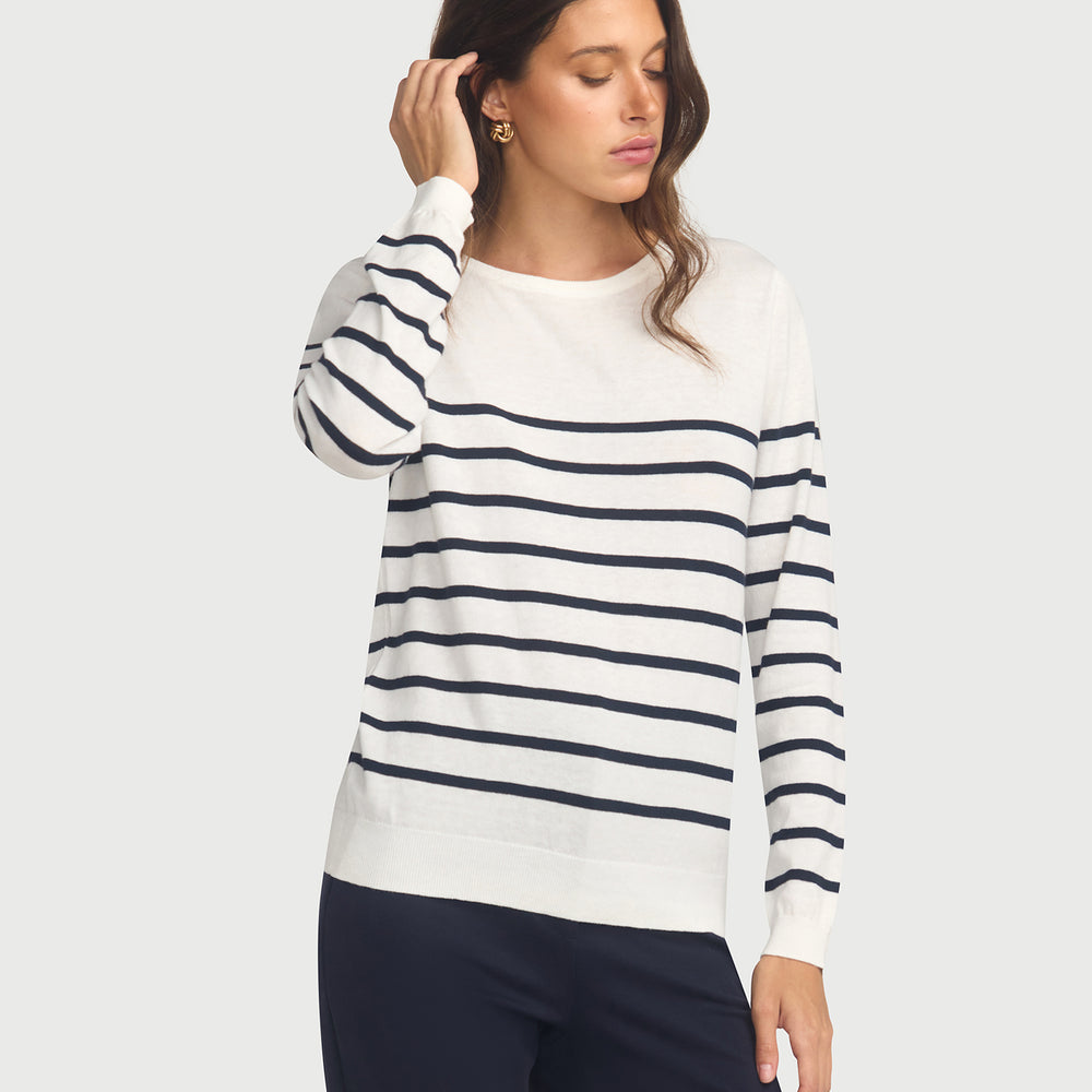 Cotton And Cashmere Breton Sweater Cream Base Navy Stripe