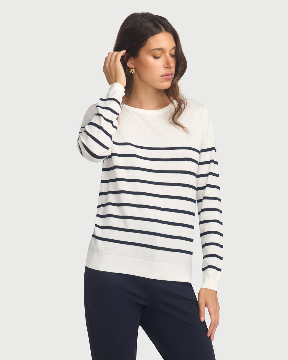 Cotton And Cashmere Breton Sweater Cream Base Navy Stripe