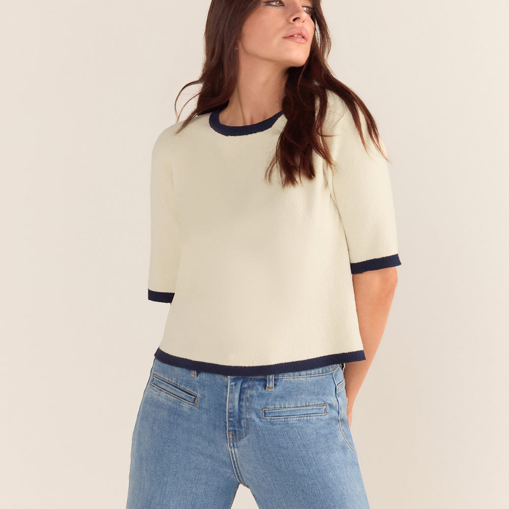 Bouclé Textured Top - Cream Base Navy Trim PREORDER 22 AUGUST