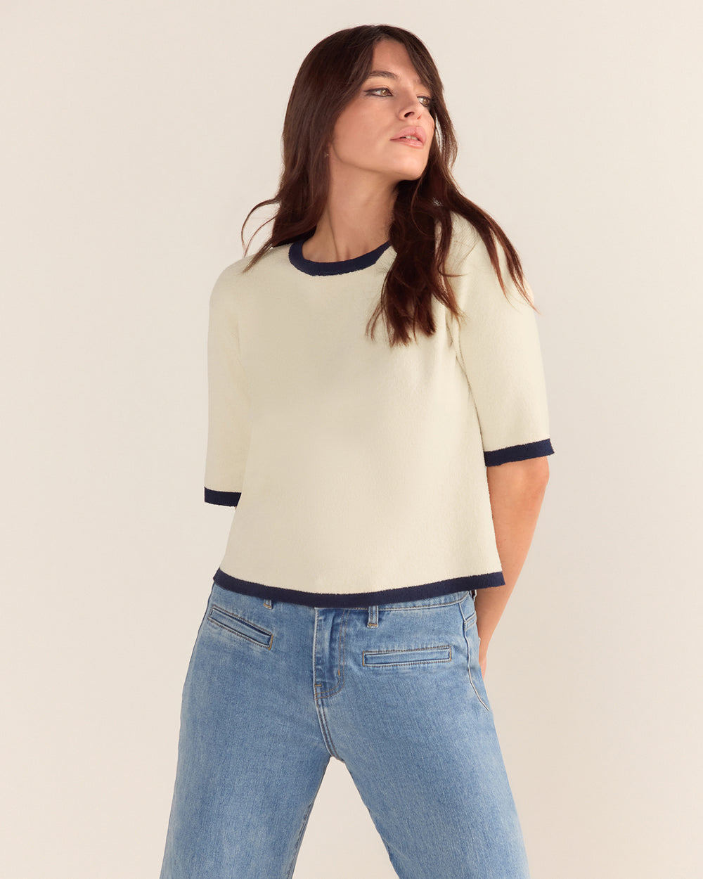 Bouclé Textured Top - Cream Base Navy Trim