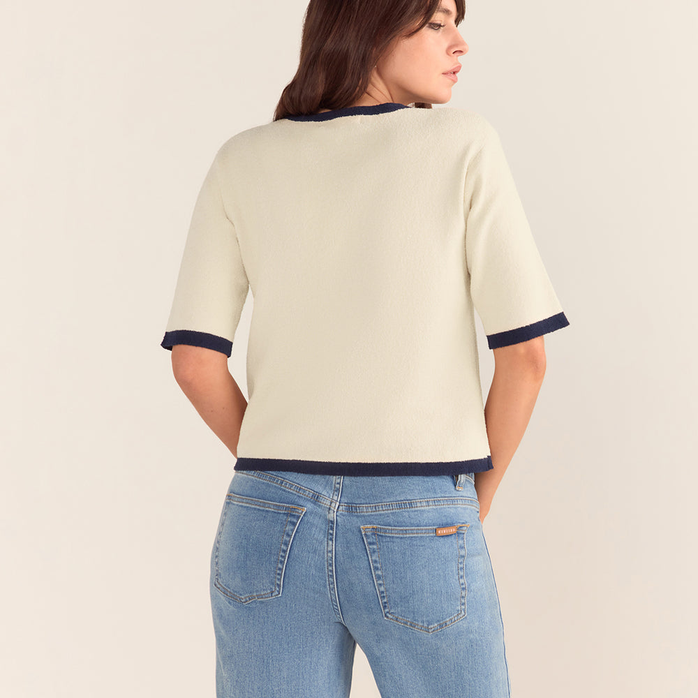 
                      
                        Bouclé Textured Top - Cream Base Navy Trim
                      
                    