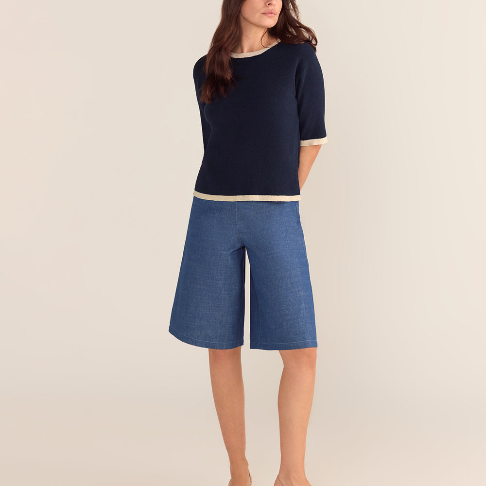 Bouclé Textured Top - Navy Base Cream Trim PREORDER 22 AUGUST
