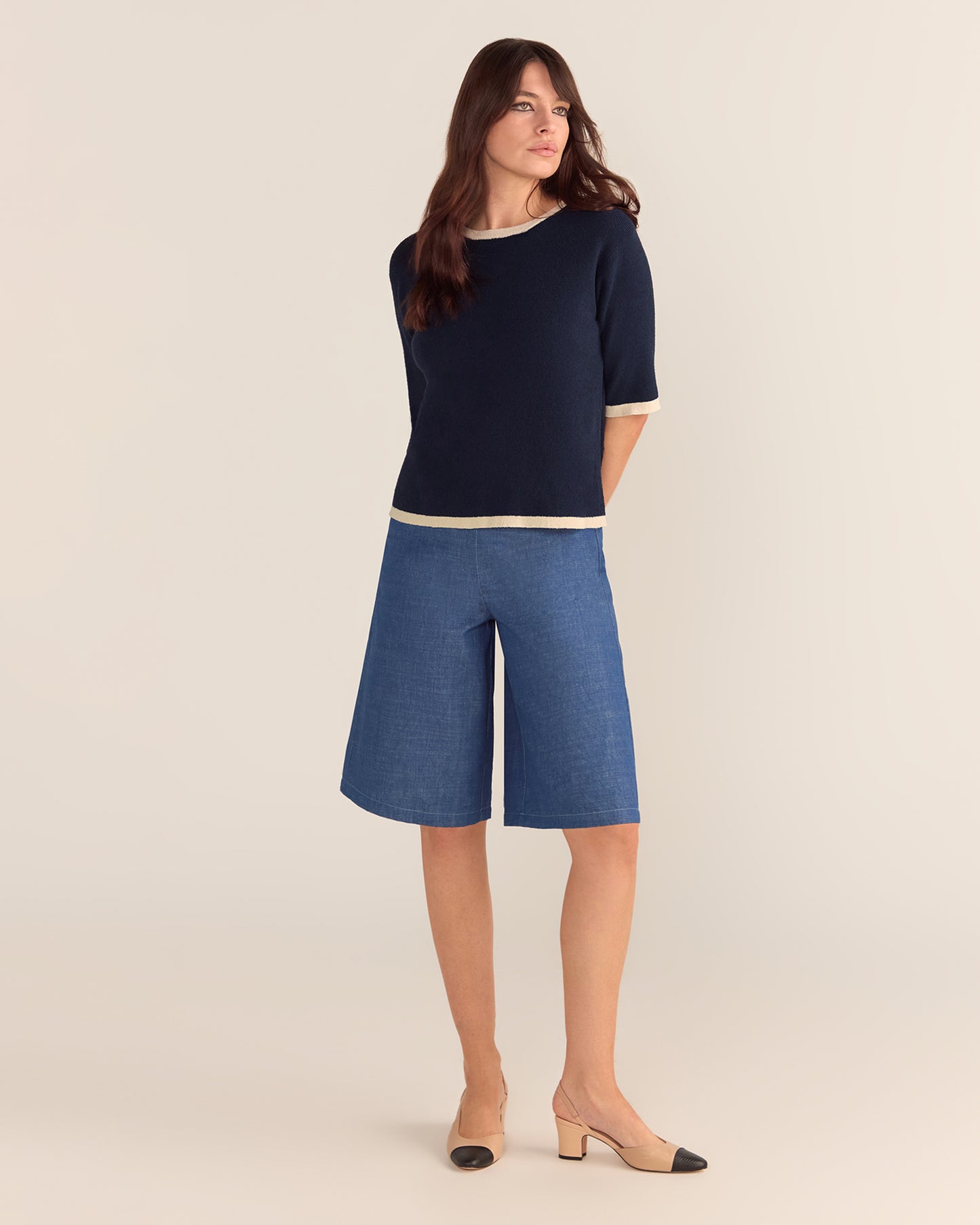 Bouclé Textured Top - Navy Base Cream Trim PREORDER 22 AUGUST