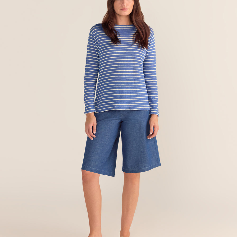 French LINEN Breton Boat Neck Top- Cornflower blue base white tripe PREORDER 8 OCTOBER