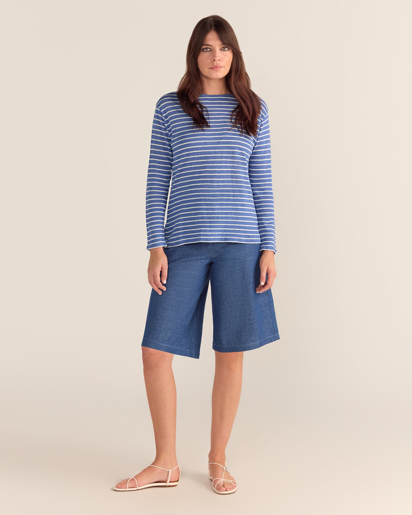 French LINEN Breton Boat Neck Top- Cornflower blue base white tripe PREORDER 8 OCTOBER