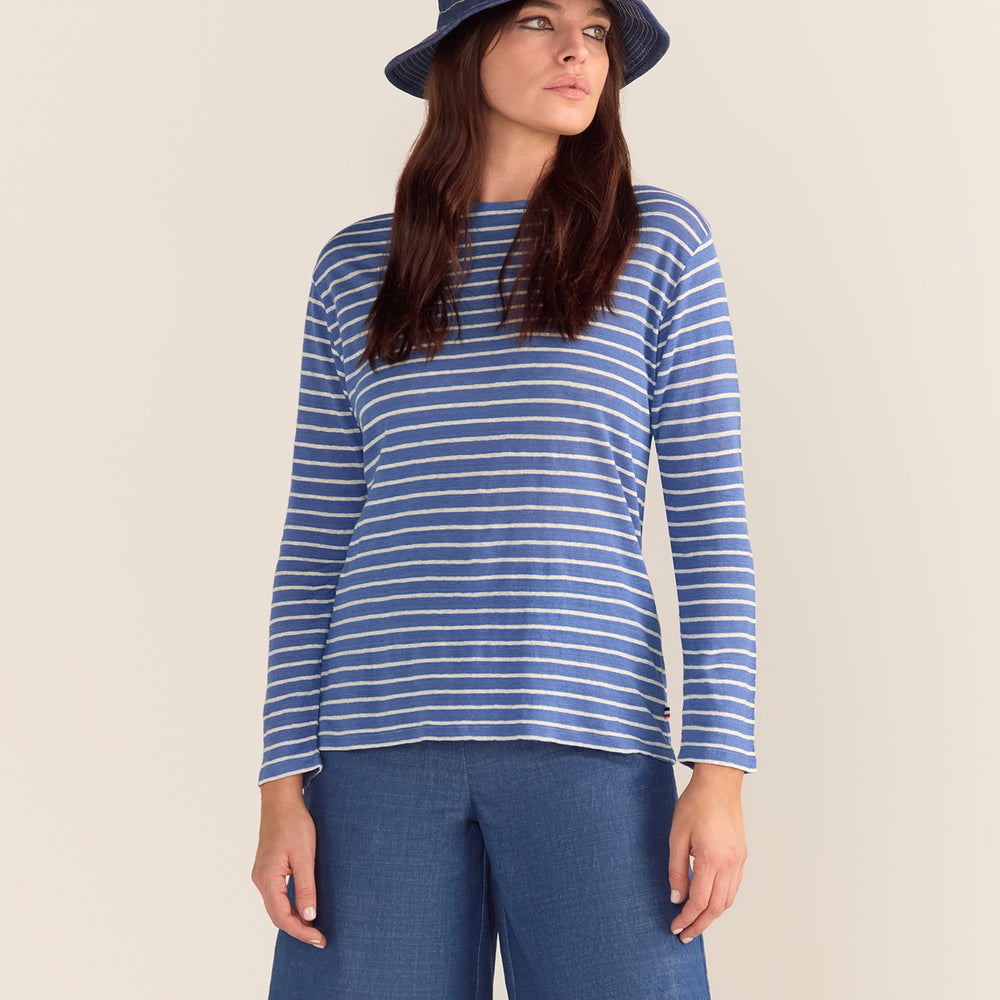 
                      
                        French LINEN Breton Boat Neck Top- Cornflower blue base white tripe PREORDER 8 OCTOBER
                      
                    