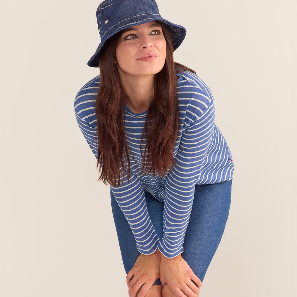 
                      
                        French LINEN Breton Boat Neck Top- Cornflower blue base white tripe PREORDER 8 OCTOBER
                      
                    