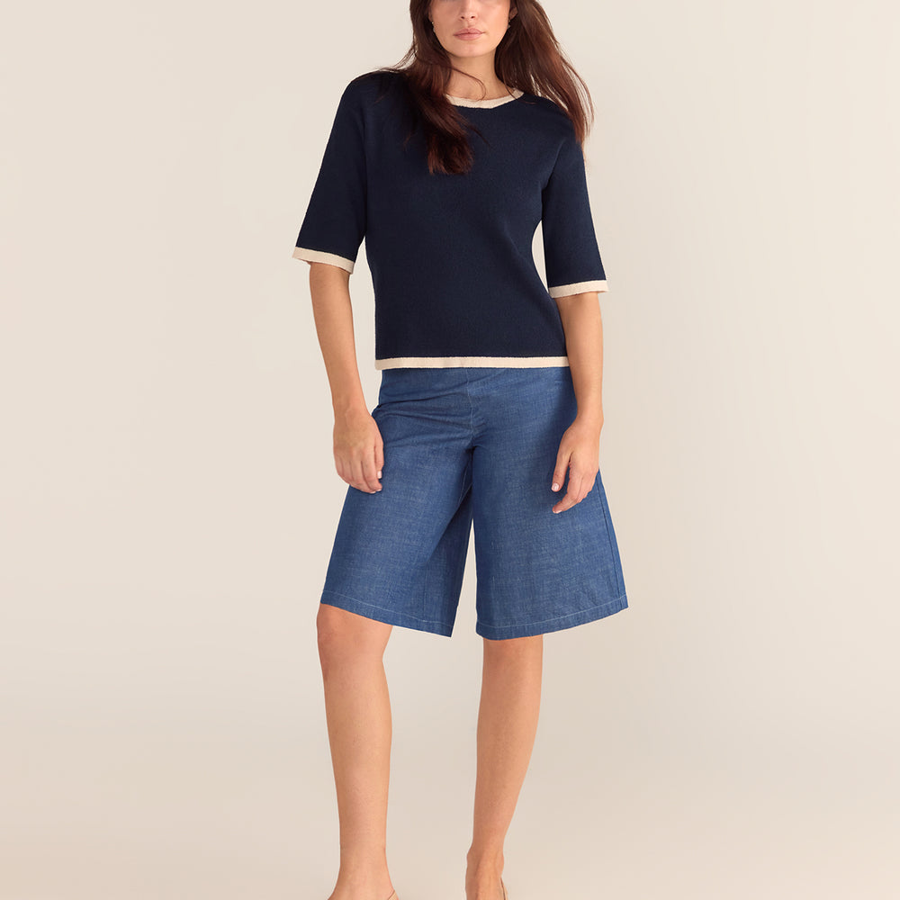 Bouclé Textured Top - Navy Base Cream Trim PREORDER 22 AUGUST