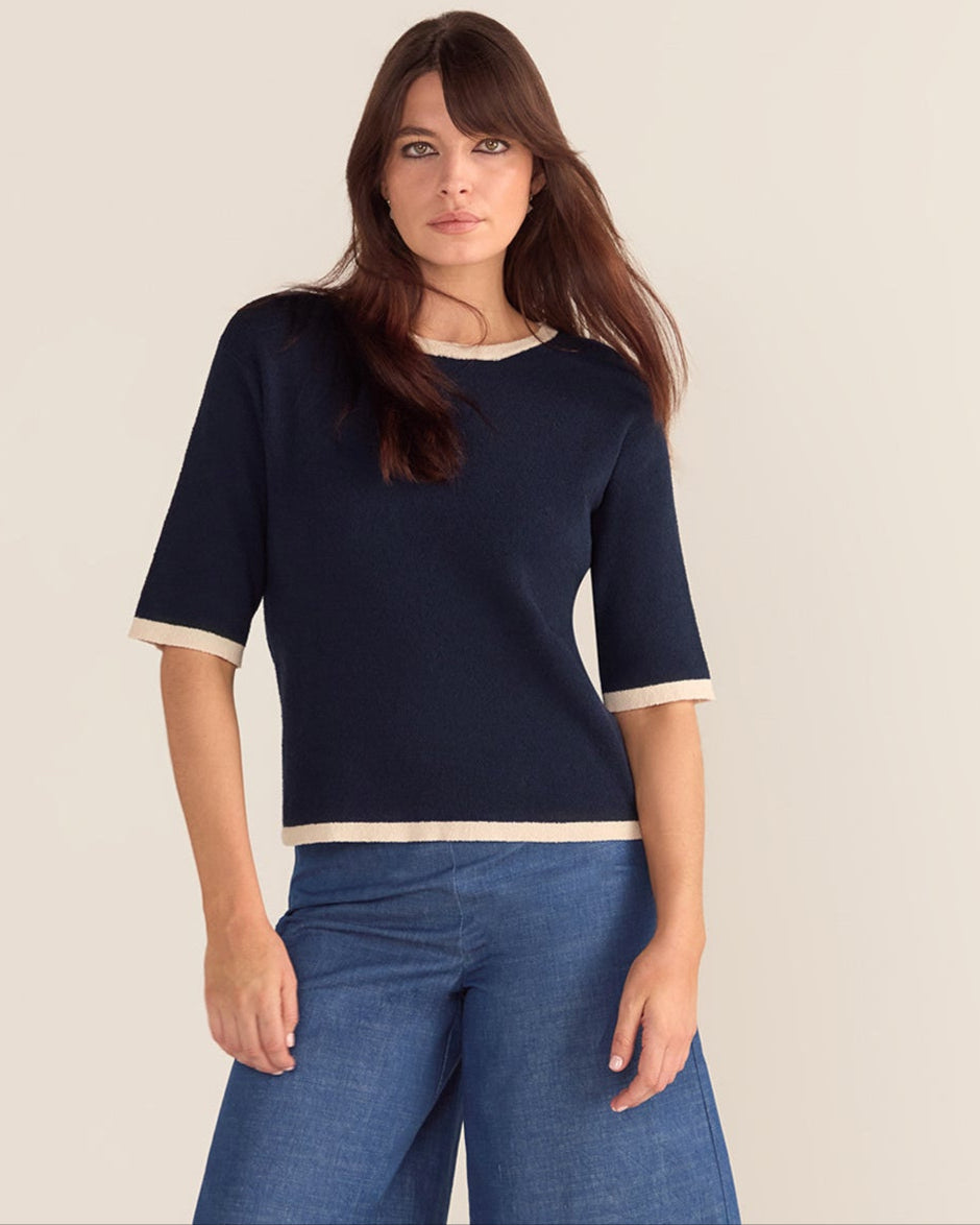 Bouclé Textured Top - Navy Base Cream Trim