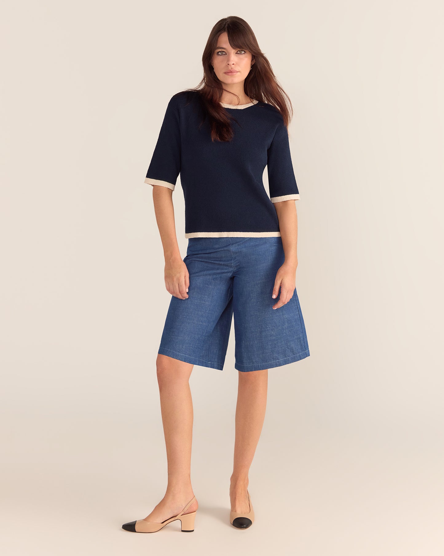 Bouclé Textured Top - Navy Base Cream Trim PREORDER 22 AUGUST