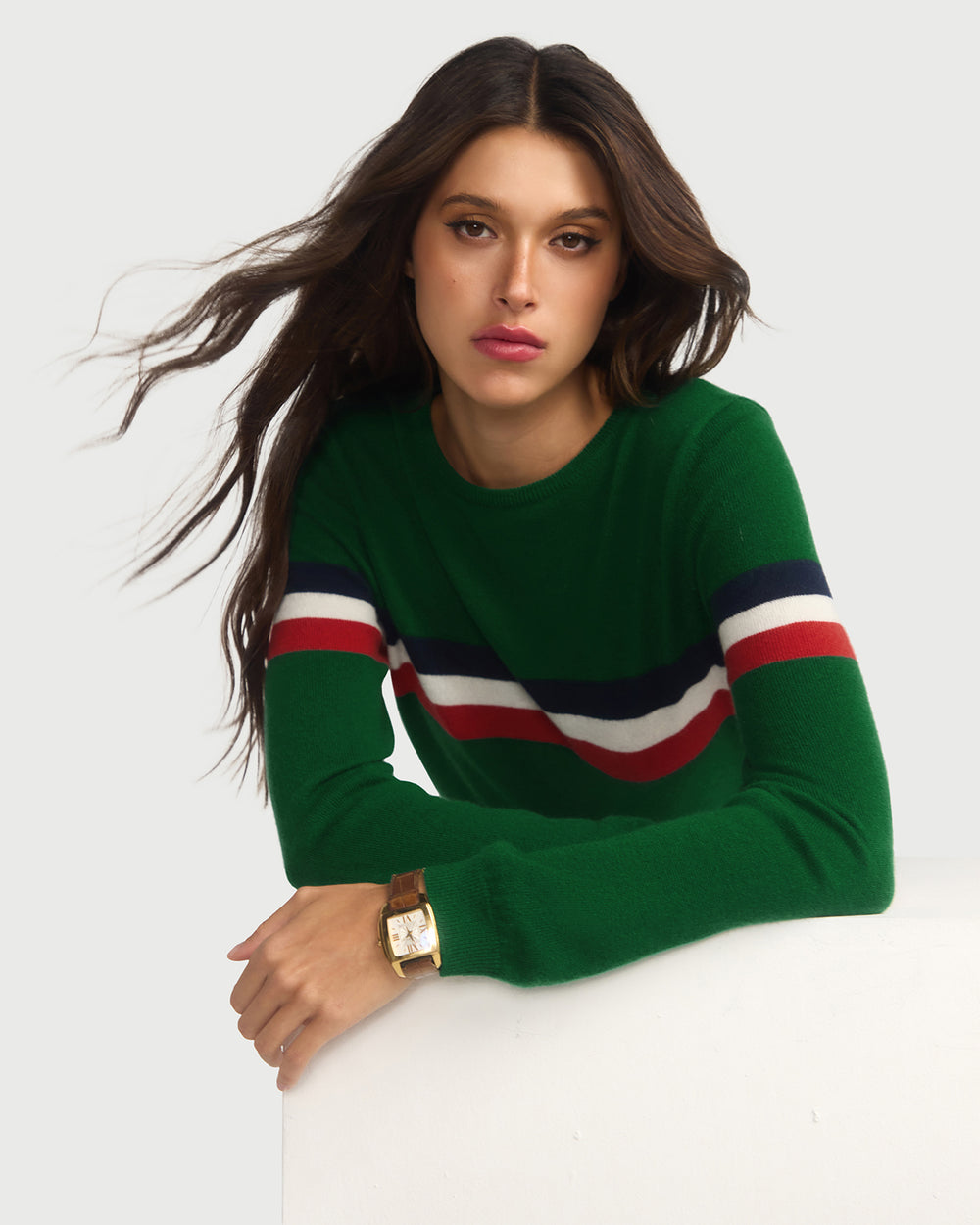 Cashmere & Wool French Racer Crewneck Sweater - GREEN