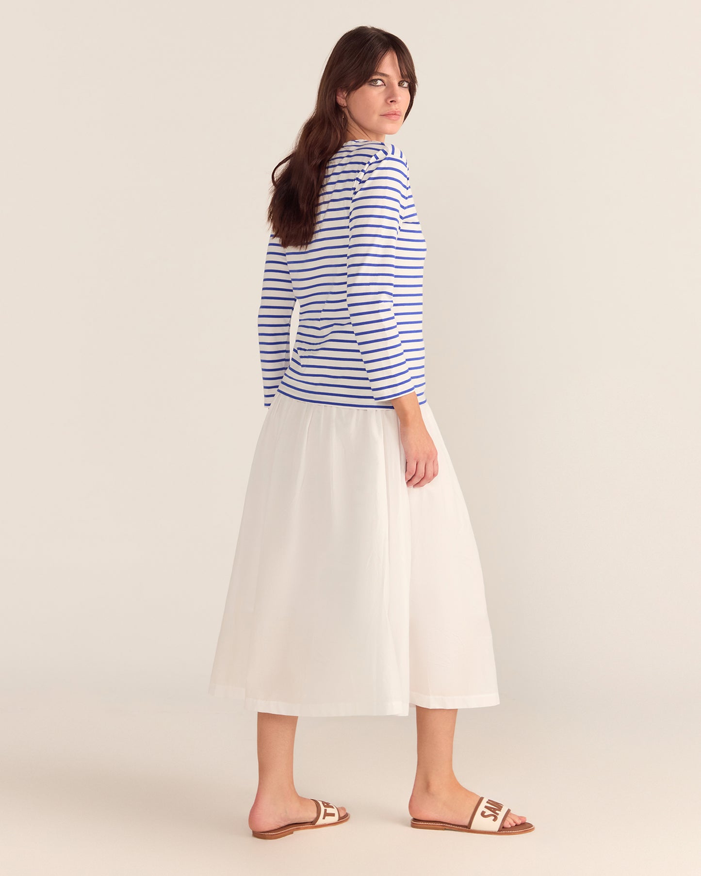 White Royal Blue Striped Boat Neck Top Breton Womens Long