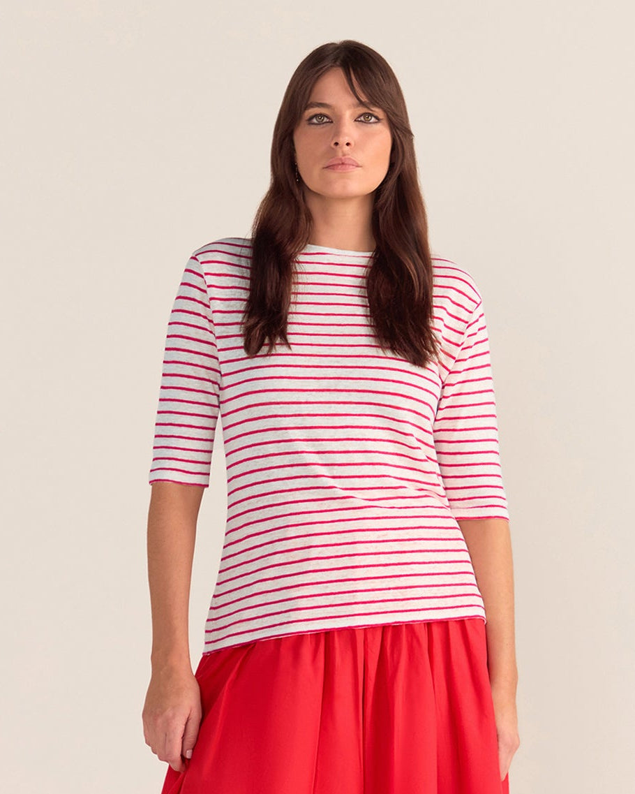 French LINEN Breton tee White base red stripe