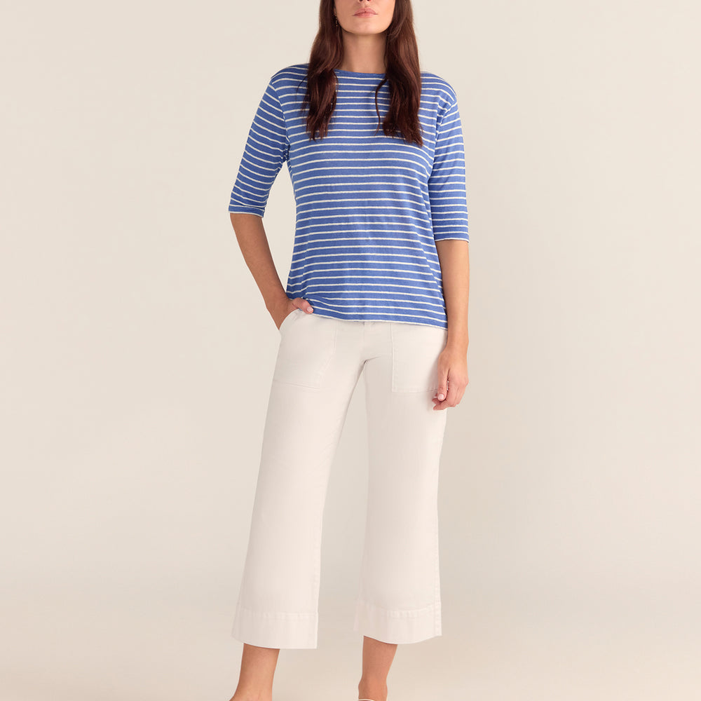 French LINEN Breton Boat Neck Top- Cornflower base White Stripe Tee PREORDER 8 OCTOBER