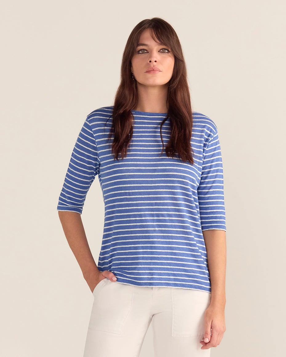 French LINEN Breton Boat Neck Top- Cornflower base White Stripe Tee