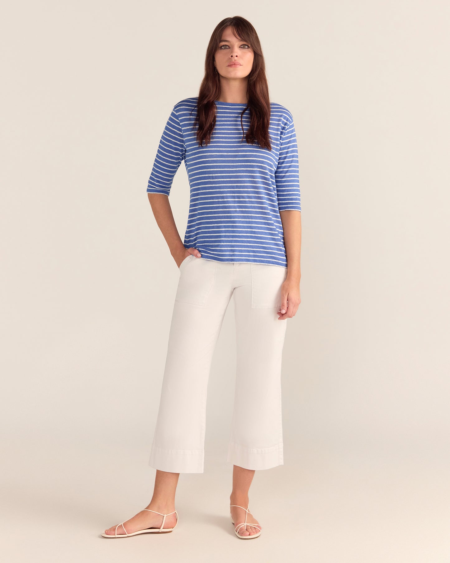 French LINEN Breton Boat Neck Top- Cornflower base White Stripe Tee PREORDER 8 OCTOBER